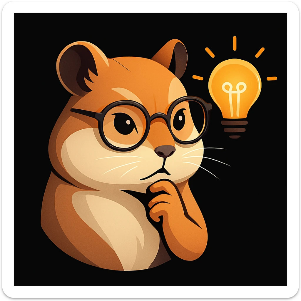 stylized illustration of a hamster with a paw on its chin, trendy glasses, and a bright idea lightbulb, not kiddish, solid black background sticker