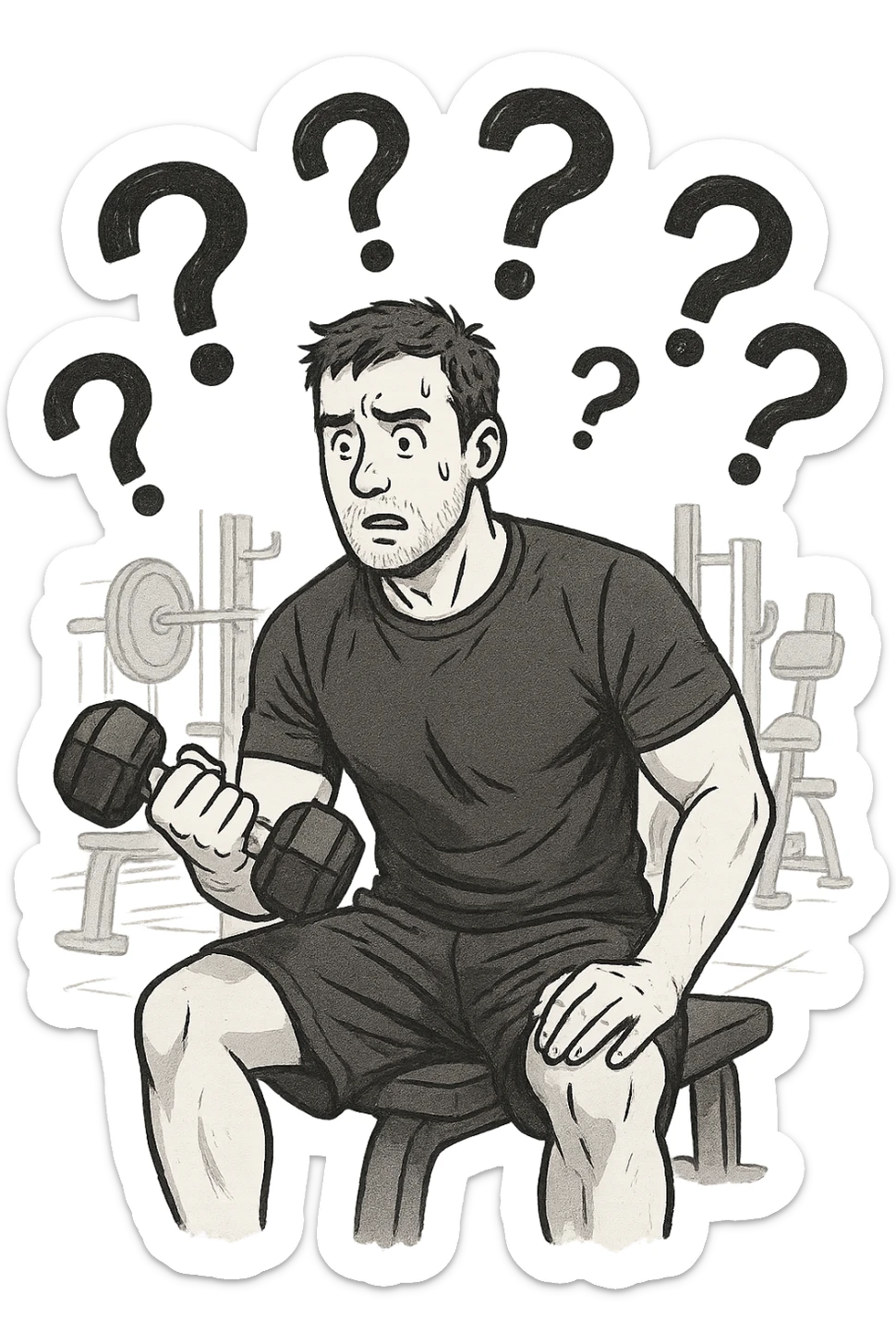 Uomo in palestra mentre si allena con tanti punti interrogativi intorno, confuso sticker