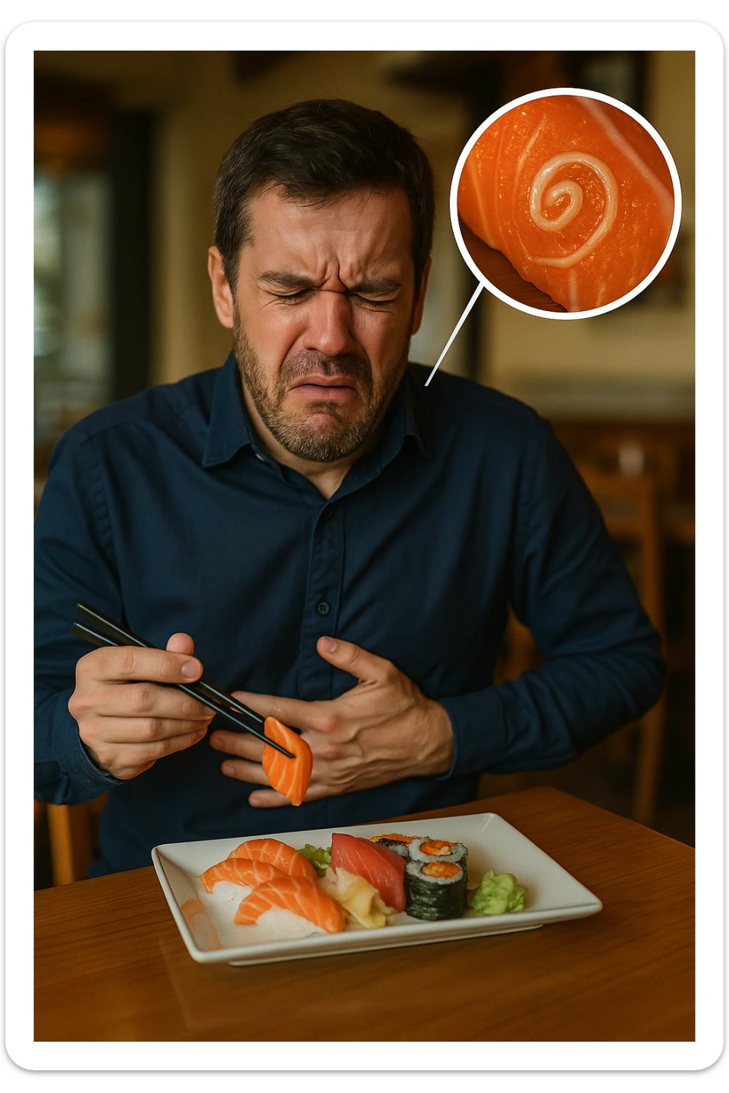 a man sits at a restaurant table, eating a plate of raw fish (such as sushi or sashimi). In a magnified inset, an Anisakis larva is visible inside a piece of fish. The man’s expression changes from enjoyment to sudden discomfort, holding his stomach with a pained look. The background is softly blurred, focusing on the man and the food. in italiano sticker