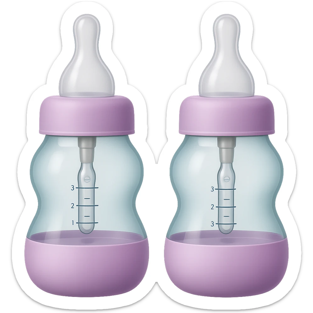 Adjust the shape of the two silicone baby bottle nipples to be more elongated and narrow, keeping the wide base and soft, smooth, translucent look, with gentle curves, light pastel tones, and transparent background. sticker