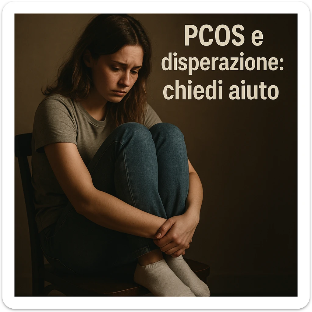 woman in casual clothing sitting on chair with knees to chest, downcast look, dimly lit room, Italian text: 'PCOS e disperazione: chiedi aiuto', 4K quality sticker