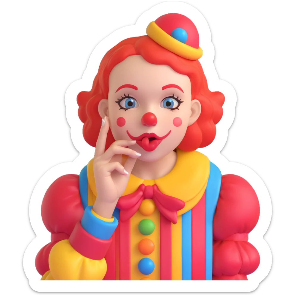clown girl holding her hand near her mouth as if sharing a secret, playful and mischievous expression, vibrant colors, clear facial features sticker