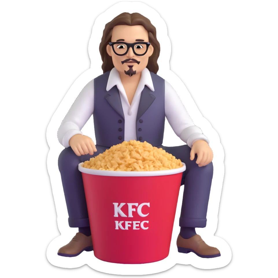 Johnny Depp sitting in a KFC bucket, long hair, facial hair sticker
