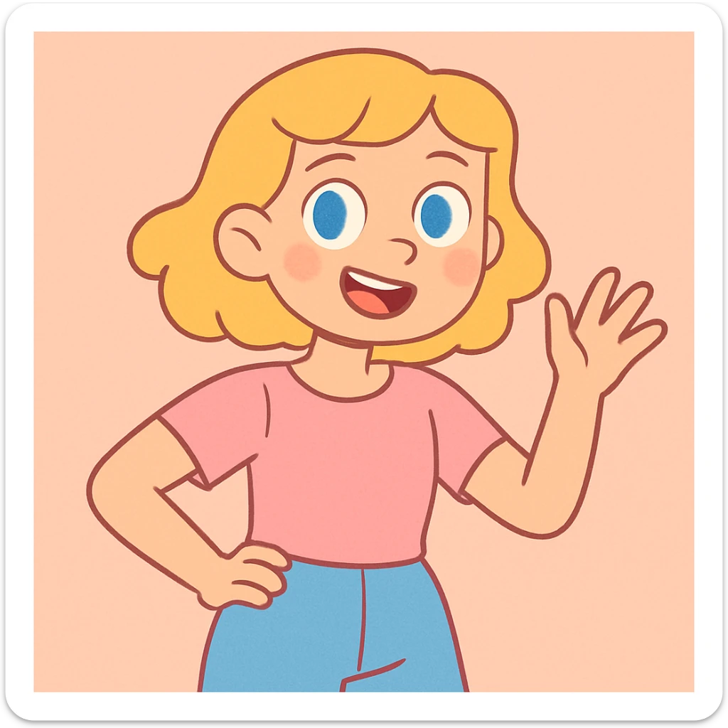 blonde girl, short wavy blonde hair, blue eyes, pastel tones, cartoon style sticker