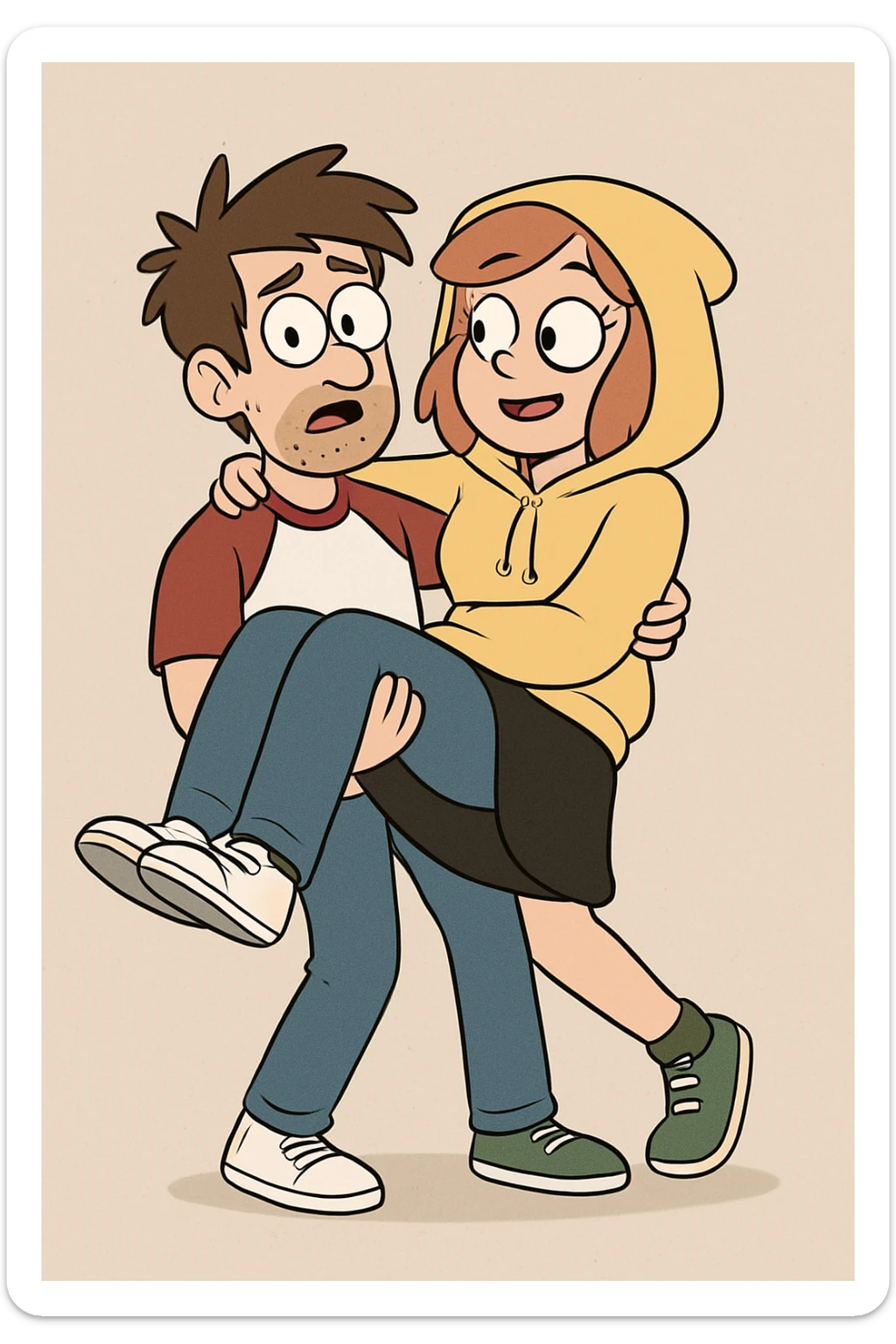 A man Raglan sleeves with Red t-shirts blue jeans white shoes carried by a cute a girl yellow hoodie black skirt green shoe  sticker