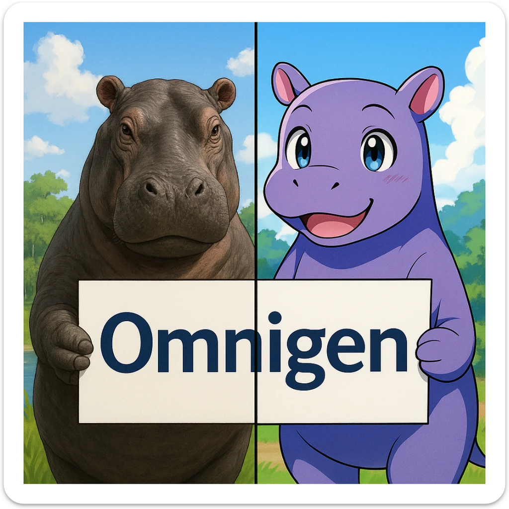 two hippo holding sign of omnigen, half picture 1 hippo is realistic another half is the anime of that same second hippo sticker