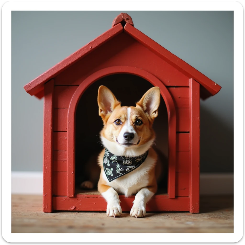 realistic red dog house with a Corgi dog inside, Corgi with a bandana, photorealistic style sticker