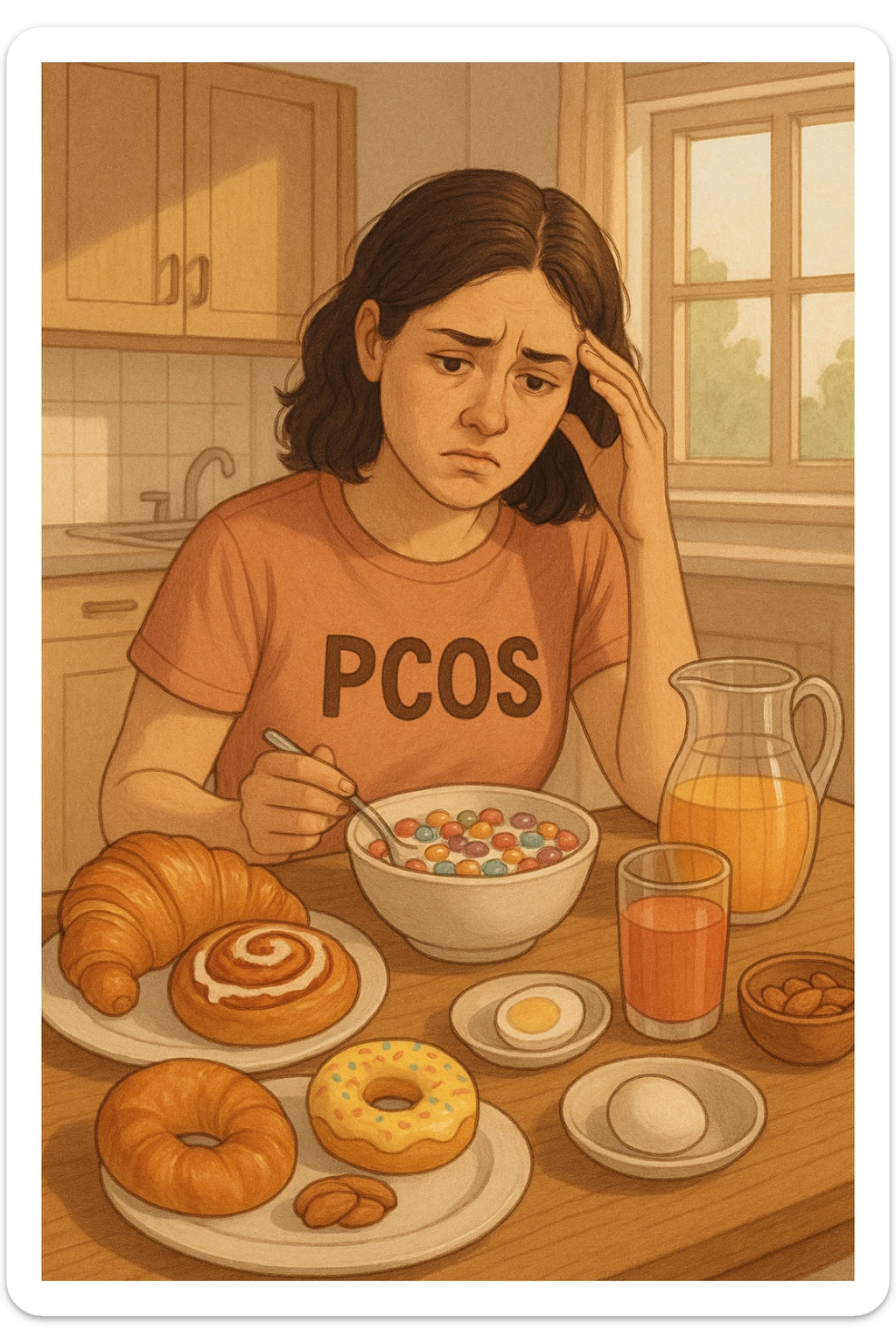 Donna con pcos, con colazione sbilanciata ricca di zuccheri e con poche proteine sticker