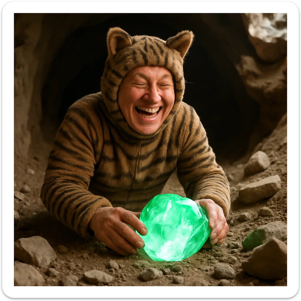 Make the miner in the cat costume look happy, with a joyful facial expression and cheerful body language, while still discovering the huge emerald underground, in a photorealistic style. sticker