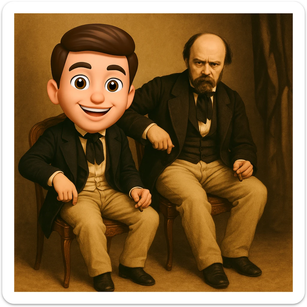Create a 3D cartoon clone in Apple Memoji style sitting next to the person in the photo. The clone should have an enlarged head, bright eyes, and a friendly, positive Gen Z facial expression. The clone's clothing, pose, and facial expression should perfectly match the original person. Use bright, vibrant colors, soft shadows, and lighting/background as close as possible to the real photo. Ensure high quality, clear details, and visual harmony between the real person and the cartoon clone. sticker