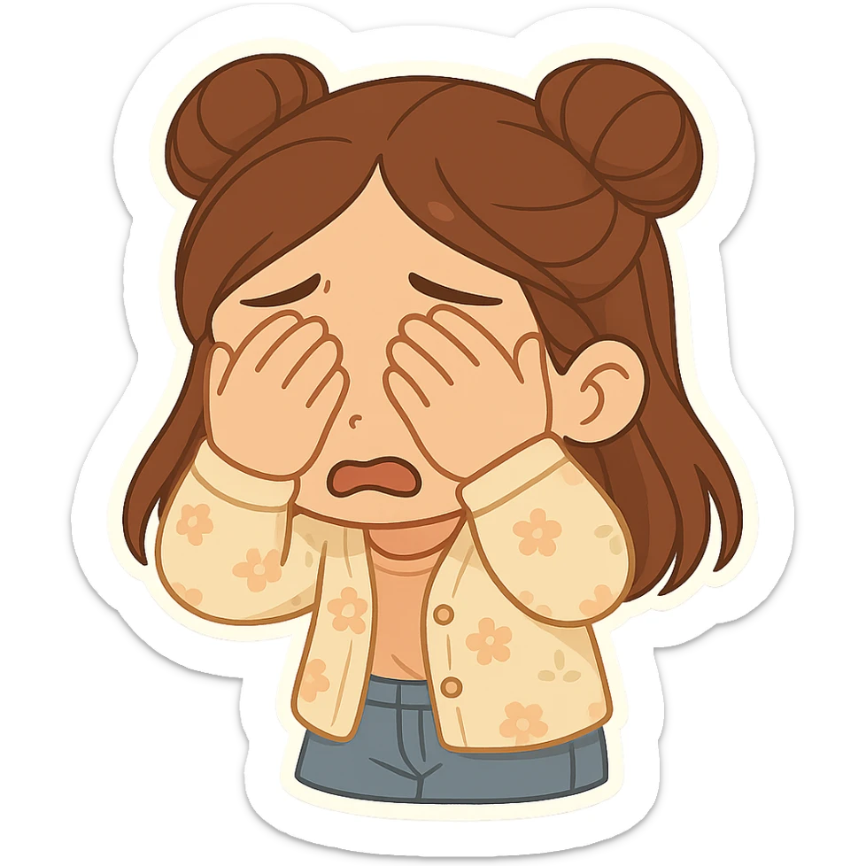 Create a chibi sticker of the same girl, covering her eyes in fear. She has brown straight hair in double buns, brown eyes, wearing a pastel floral cardigan and jeans. The sticker should have a white outline and transparent background, 512x512px. sticker