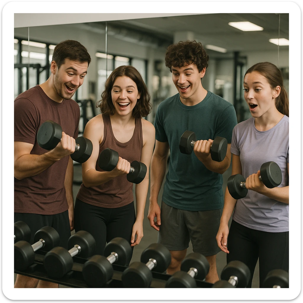 beginner in gym with friends, all wearing sportswear, trying dumbbell exercises, fun and discovery atmosphere, realistic details, background with mirrors and weight rack, 4K quality sticker