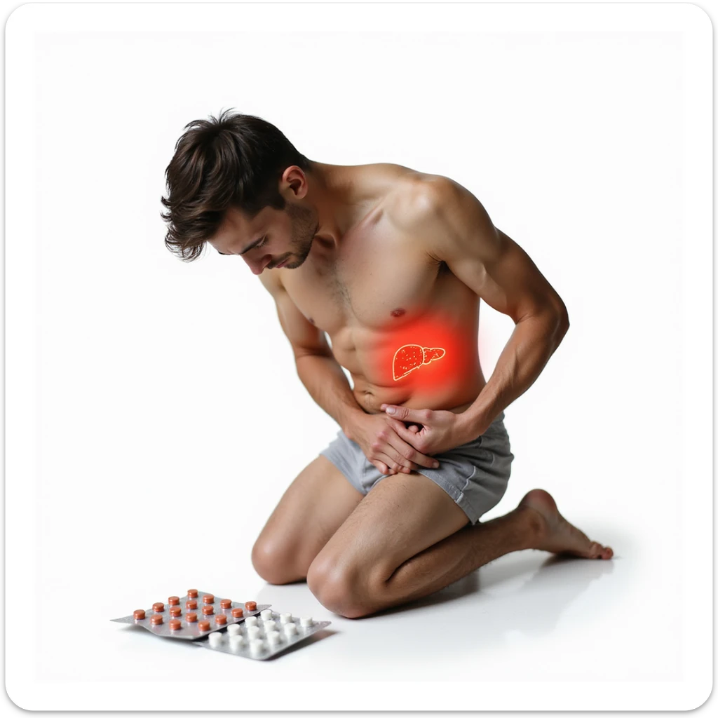 muscular young man bending in pain touching right side, blister packs of pills on ground, liver area highlighted in red, realistic details, isolated on white background sticker