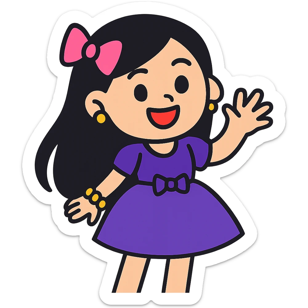 Edit the image to depict a girly girl with long black hair, wearing a formal dress in vibrant toon style, with no background. sticker