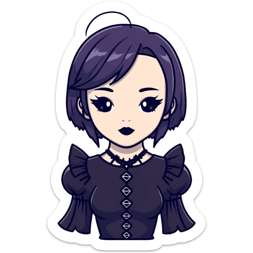 gothic girl with wide shoulders, small chest, dark makeup, black clothing sticker