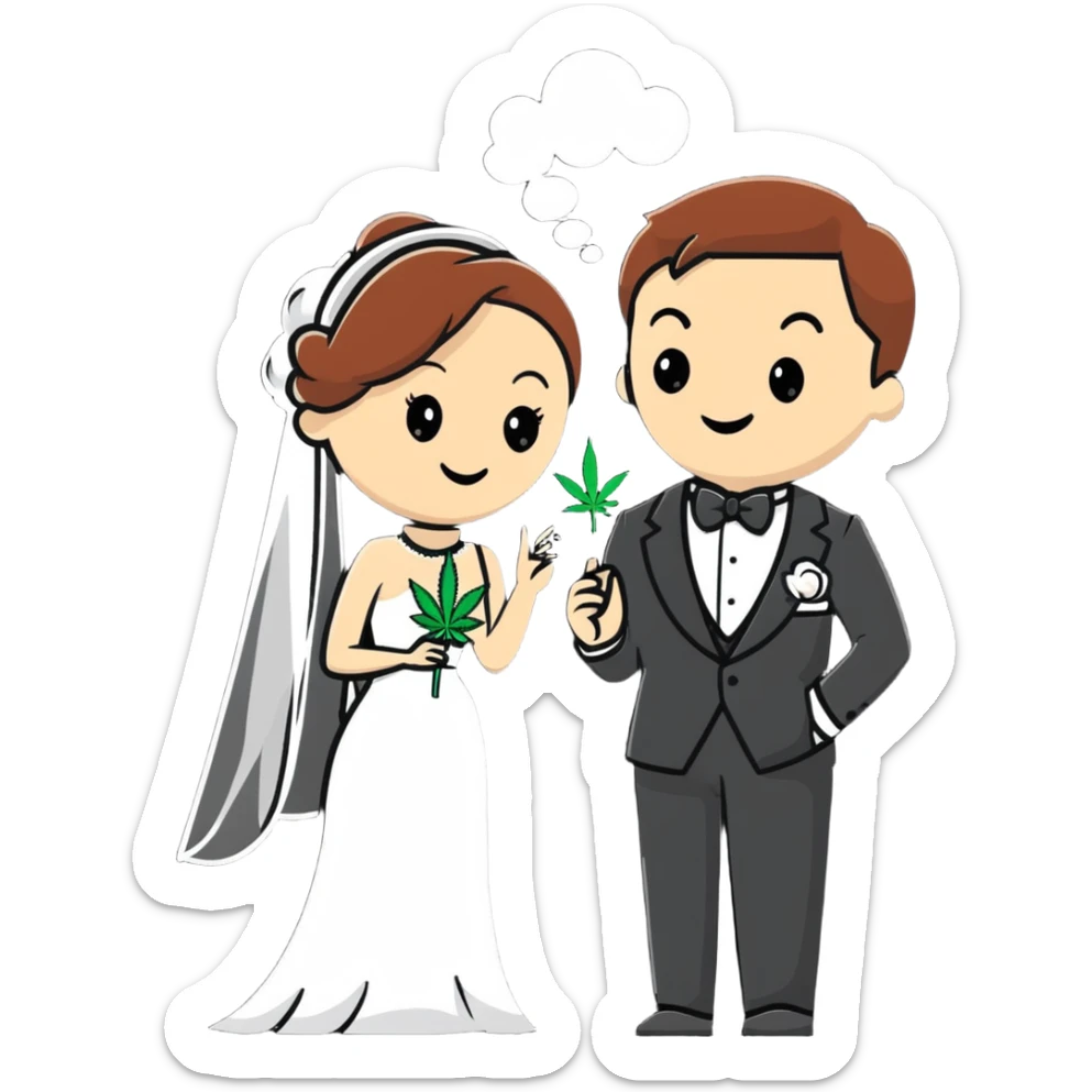 Bride in white dress and groom in tuxedo sharing a cannabis joint, cheerful cartoon wedding couple sticker