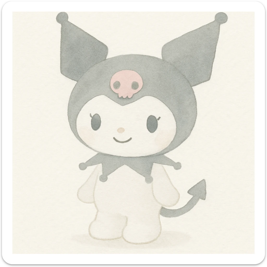 Kuromi character, watercolor art style, soft pastel colors, gentle smile, full body sticker