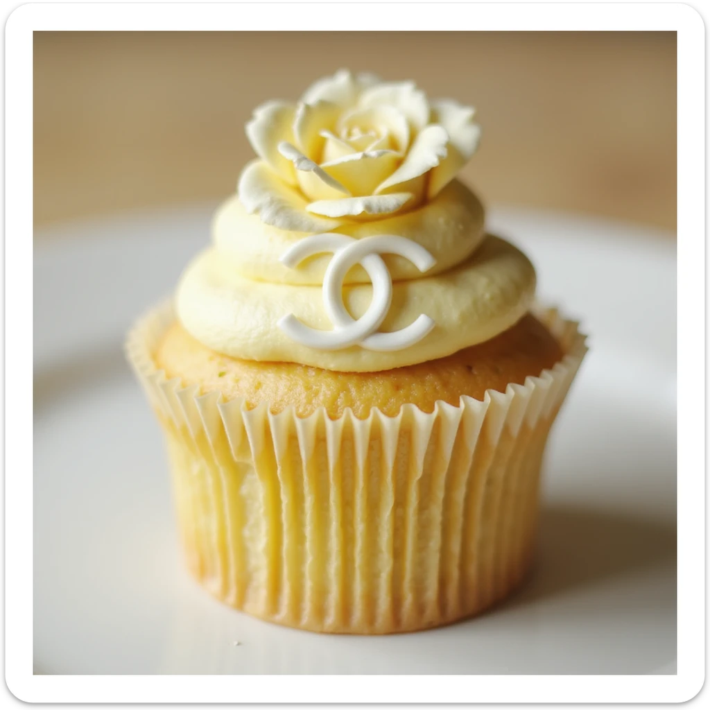 photorealistic pastel yellow Chanel cupcake with a camellia flower and logo, no background sticker