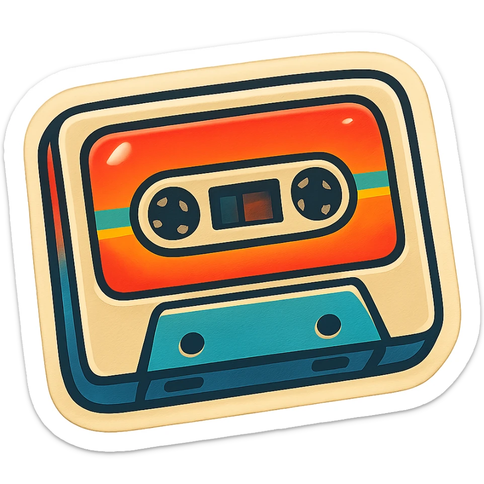 cassette tape, retro sticker style, bold outlines, vibrant colors, playful and nostalgic sticker