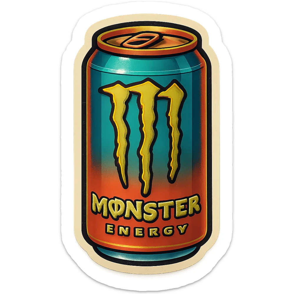 monster energy drink can, retro stickers style, bold outlines, vintage colors sticker