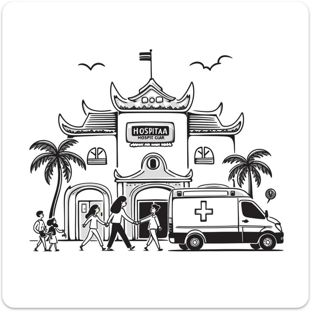 Busy Bangkok hospital exterior with ambulance and Thai architectural details sticker