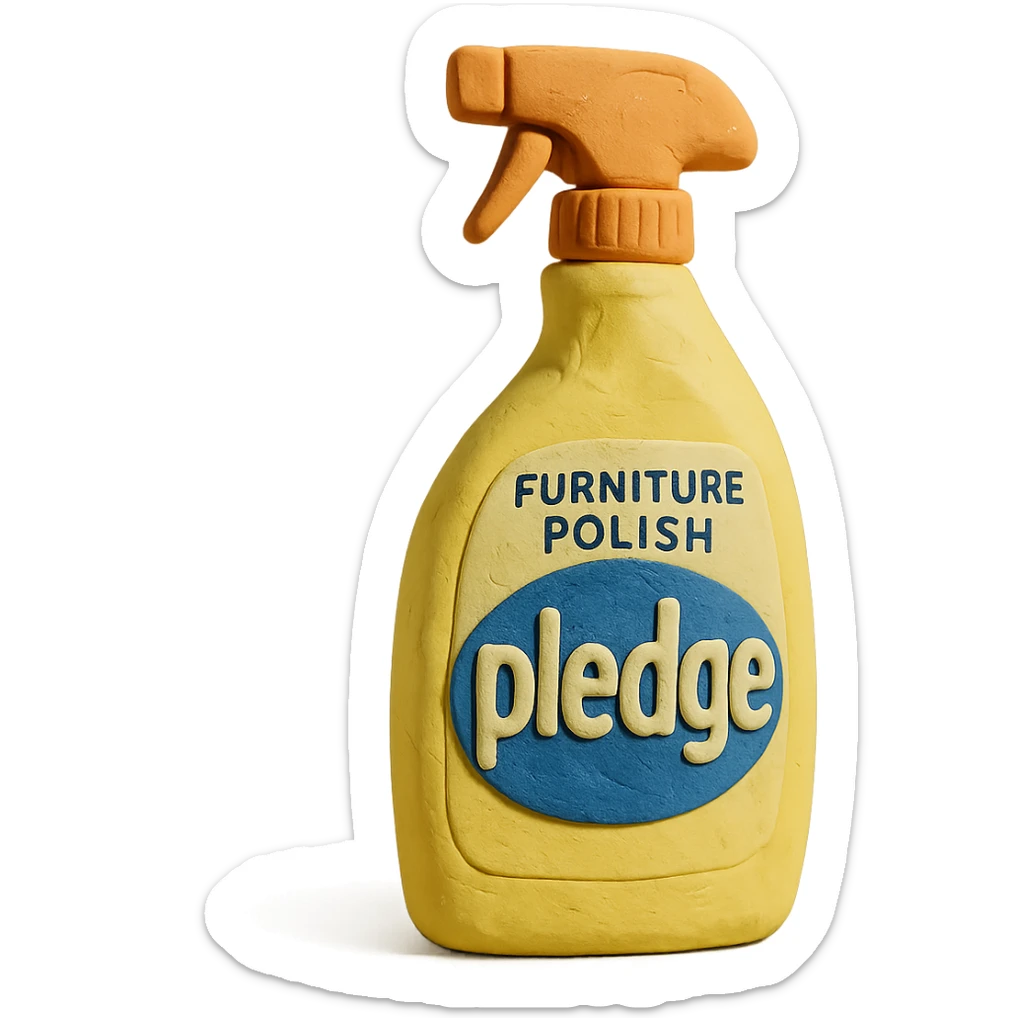 claymation style bottle of furniture polish inspired by Pledge, yellow and blue label, pastel colors, visible fingerprints, soft matte finish sticker