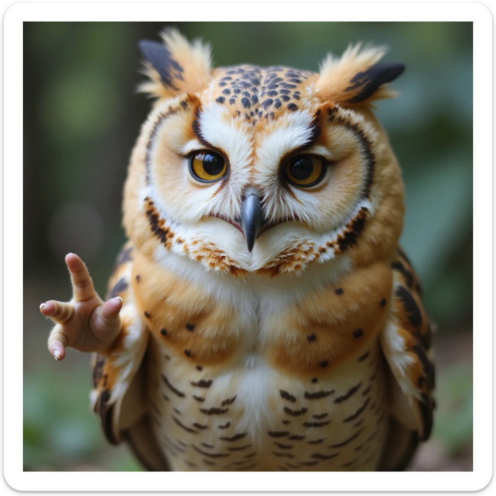 lifelike owl with soft brown and white feathers, smiling gently and making the saranghae sign, natural background, realistic and detailed sticker