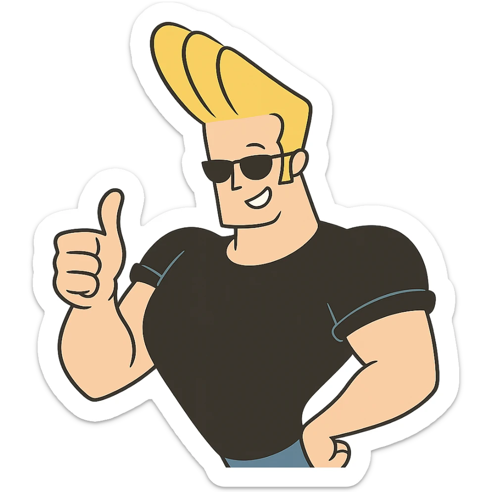 johnny bravo cartoon character, winking and giving a thumbs up, cartoon style sticker