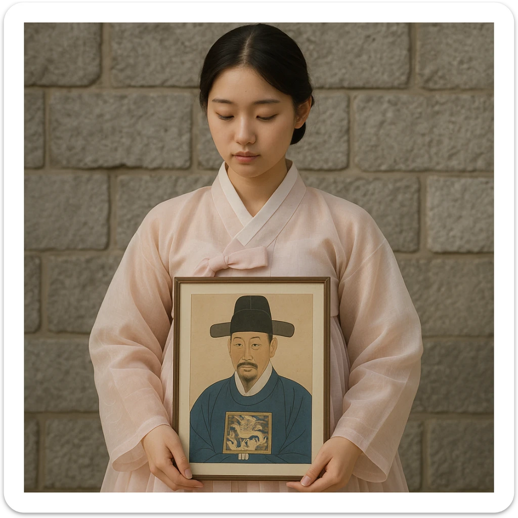 a young woman in a pale pink, sheer hanbok holding a traditional Korean portrait in front of a grey stone wall sticker