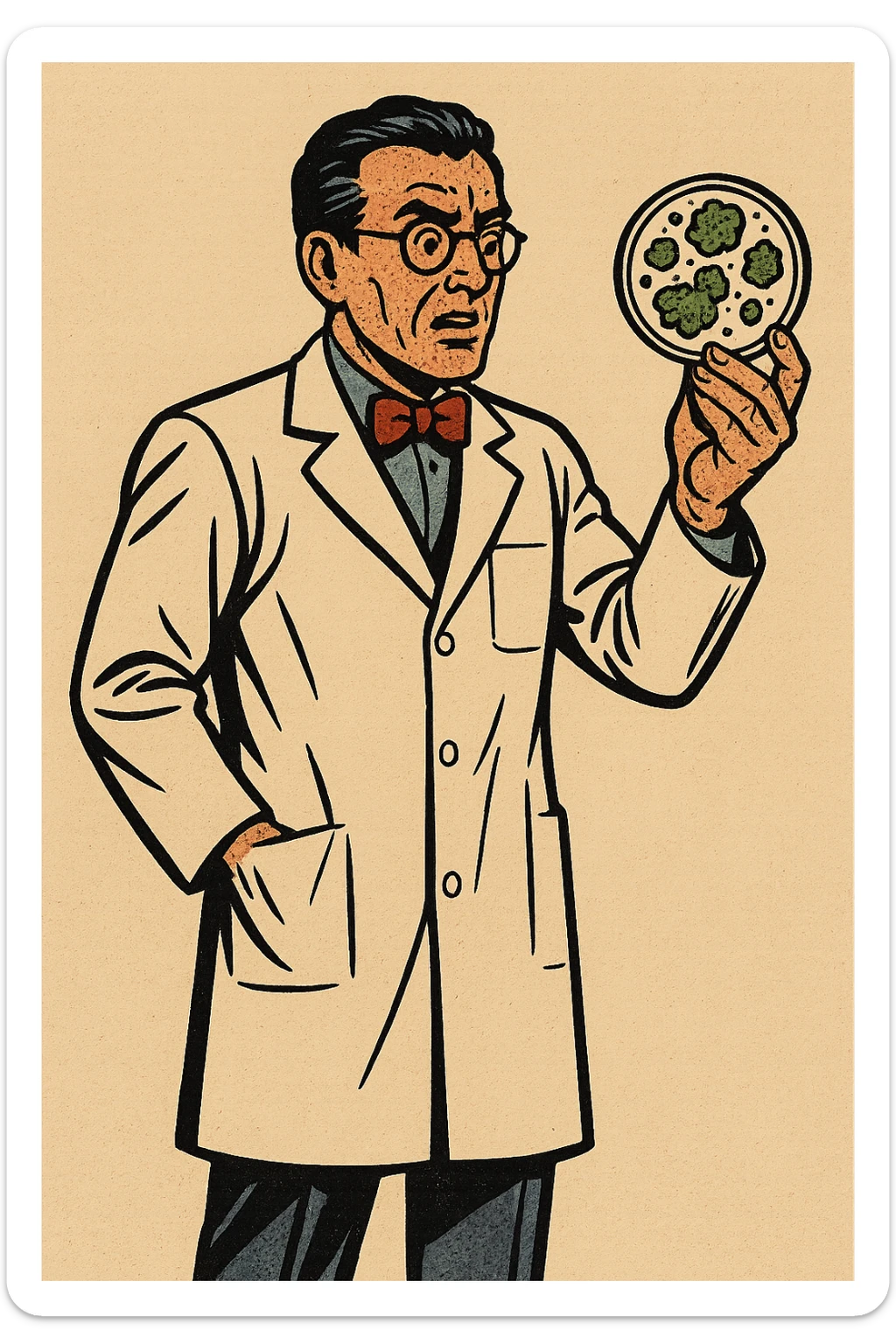 The full body of 1940s male scientist wearing a white lab coat over his suit with a red bow tie. He is holding a mouldy petri dish sticker