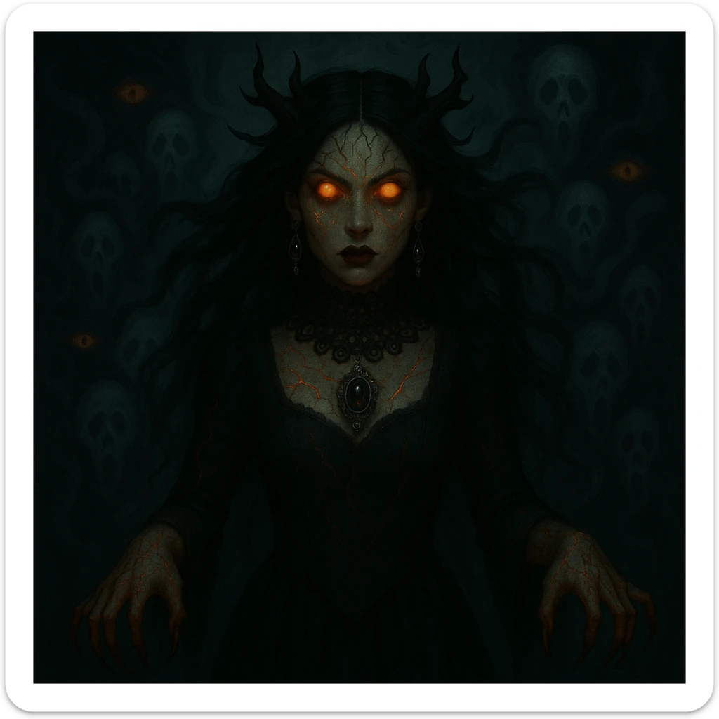 Add ornate gothic jewelry including a black lace choker, silver pendant, and dark gemstone earrings while keeping the horror and supernatural features intact. sticker