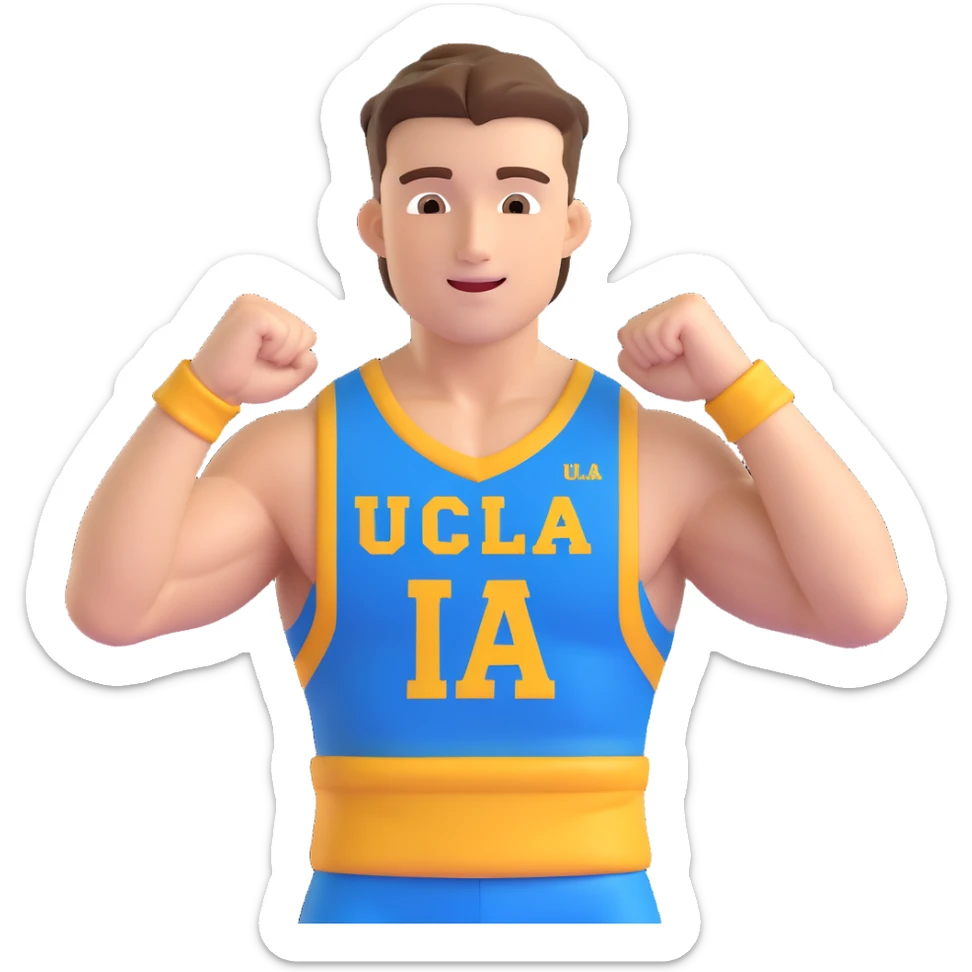 realistic 3D icon of a handsome, muscular male American football fan student cheering for UCLA, wearing blue and gold colors, transparent background sticker
