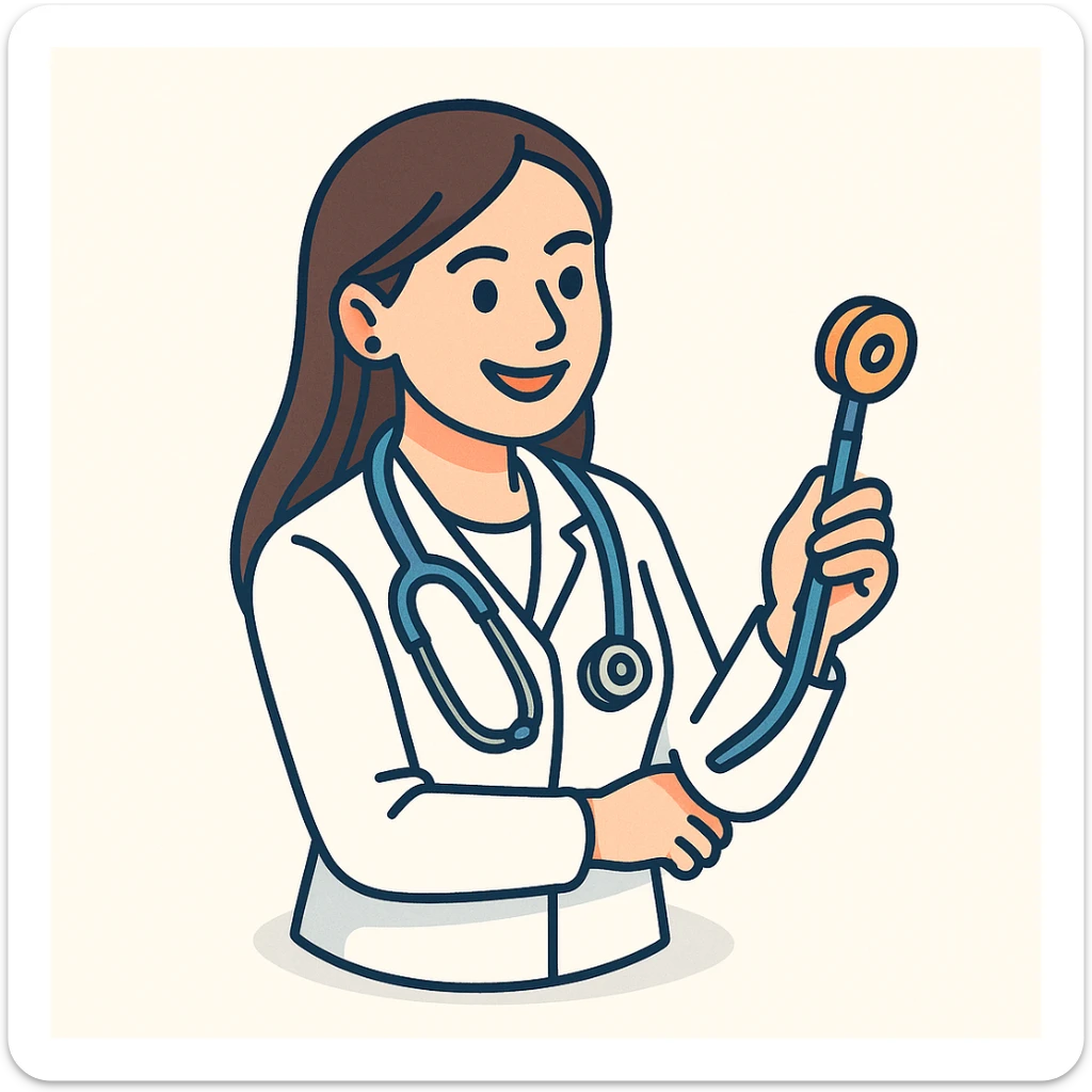 Edit the image of a female doctor with dark long straight hair and brown eyes, smiling, wearing a white medical coat in 2D isometric style with a minimalist background. Add a variation where she holds a medical instrument in her hand. sticker