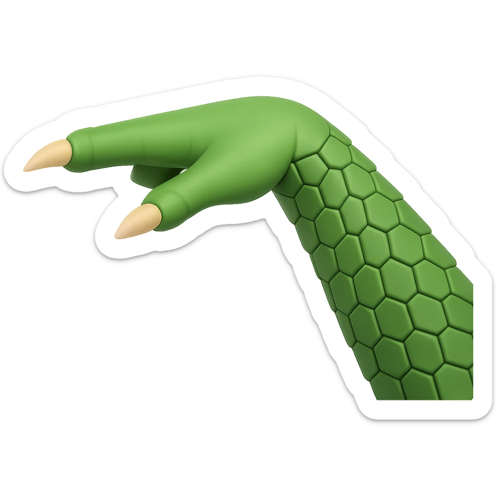 Side view of a cartoon-style reptile hand, palm facing down like the 🫳 emoji, green scaly skin, three visible claws, no background. sticker
