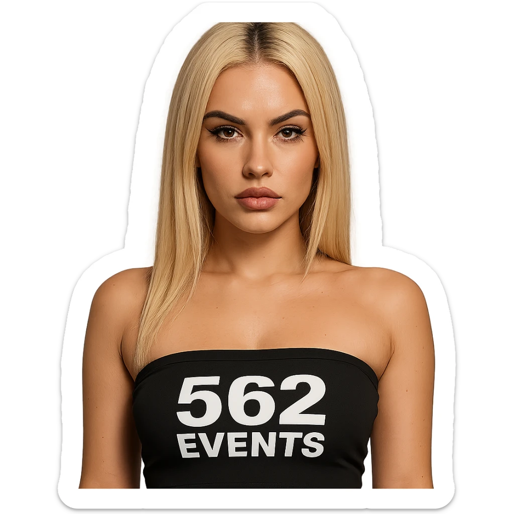 realistic baddie with blonde hair and white skin, wearing a tube top with the text '562 Events' written on it sticker