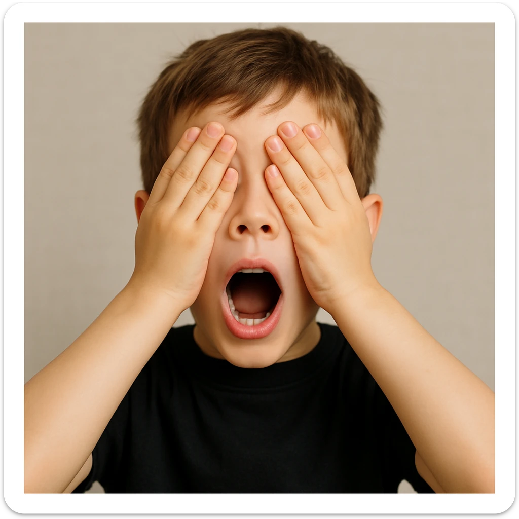 white boy, brown hair, wide open eyes and mouth, hands covering his eyes, black shirt, front-facing sticker