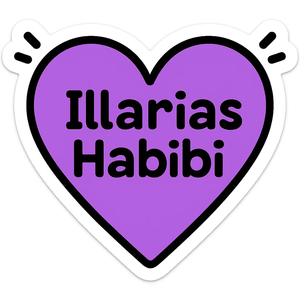 Change the font of the text 'Illarias Habibi' to a playful rounded style, keeping the purple heart with black accents and no background. sticker