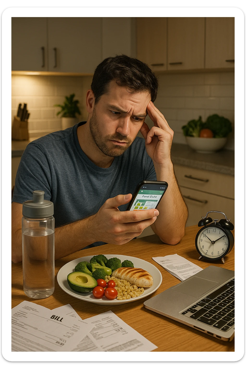  a man sits at his kitchen table, reviewing a food diary or nutrition app on his phone, with a perplexed look. Around him are healthy meal ingredients and a water bottle, but also subtle hints of stress (bills, work laptop) and lack of sleep (alarm clock showing late hour). The mood is thoughtful, highlighting the hidden factors behind weight. sticker