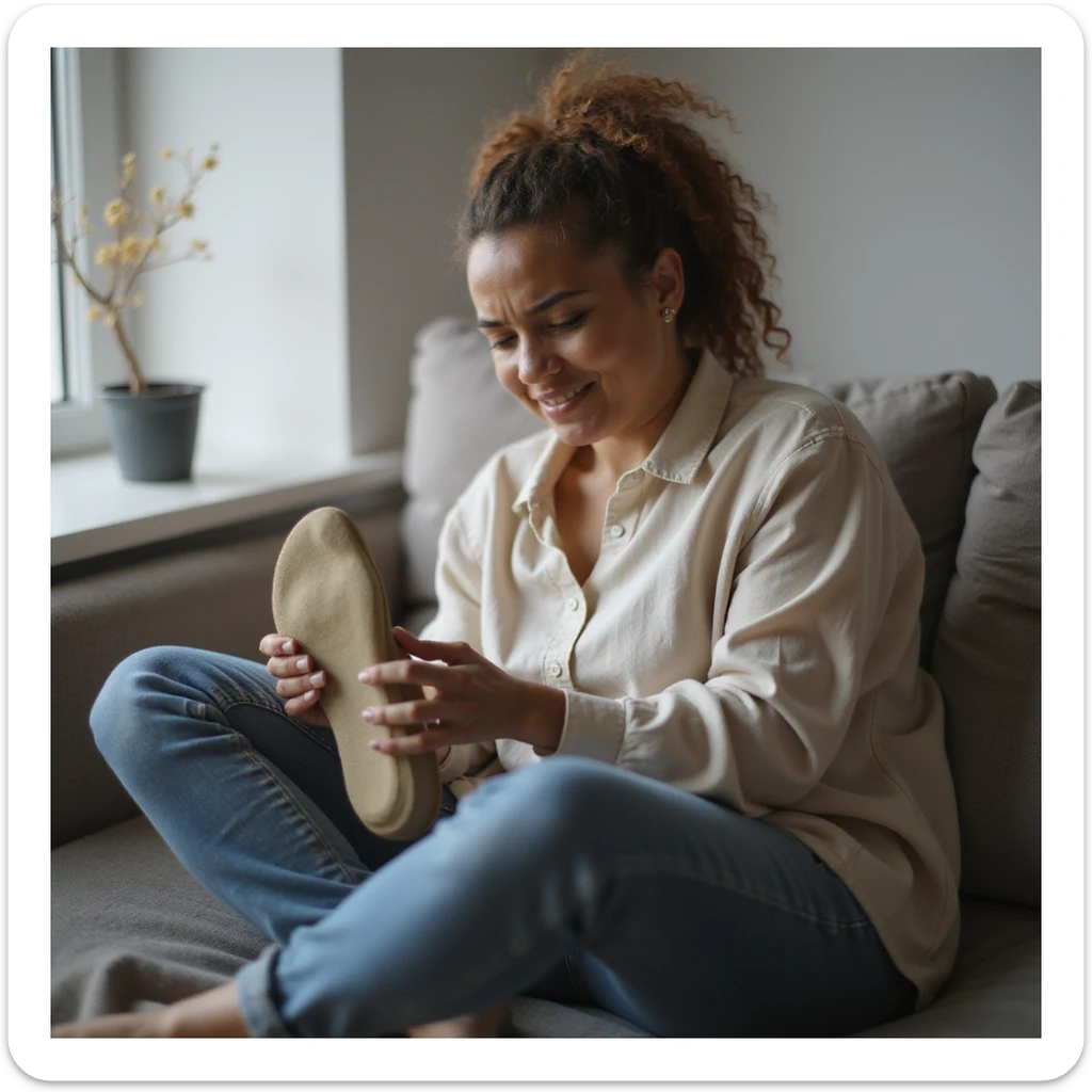 realistic 4K woman sitting on sofa wearing orthotic insole and relaxing, then holding foot with discomforted expression sticker