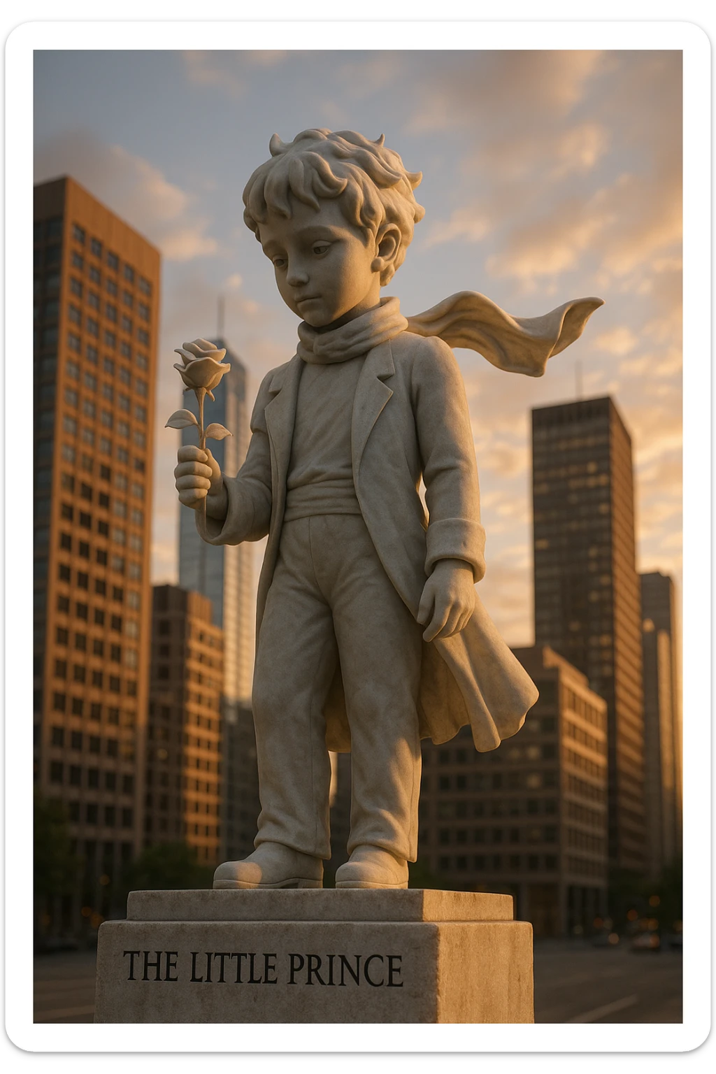 A marble statue of the Little Prince with a rose in his hand, placed in a modern cityscape. The pedestal inscription reads [TEXT]. Ultra-realism, sunset, low-angle perspective. sticker