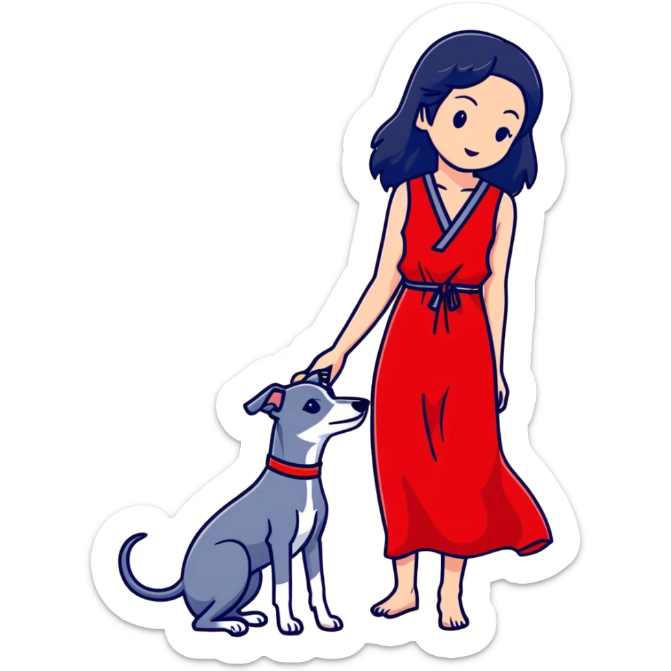 A beautiful 25-year-old Japanese woman with long flowing black hair wearing a stylish red beach dress, gently petting a PURE SOLID DARK GREY whippet with a bright RED COLLAR on a beach at night under a starry sky. The whippet MUST be 100% SOLID DARK GREY with ABSOLUTELY NO WHITE MARKINGS ANYWHERE - specifically NO WHITE on face, NO WHITE on chest, NO WHITE on paws - ENTIRELY ONE CONSISTENT SOLID DARK GREY COLOR throughout. Deep blue night sky filled with bright stars, moonlight reflecting on the ocean, sandy beach in the foreground. sticker