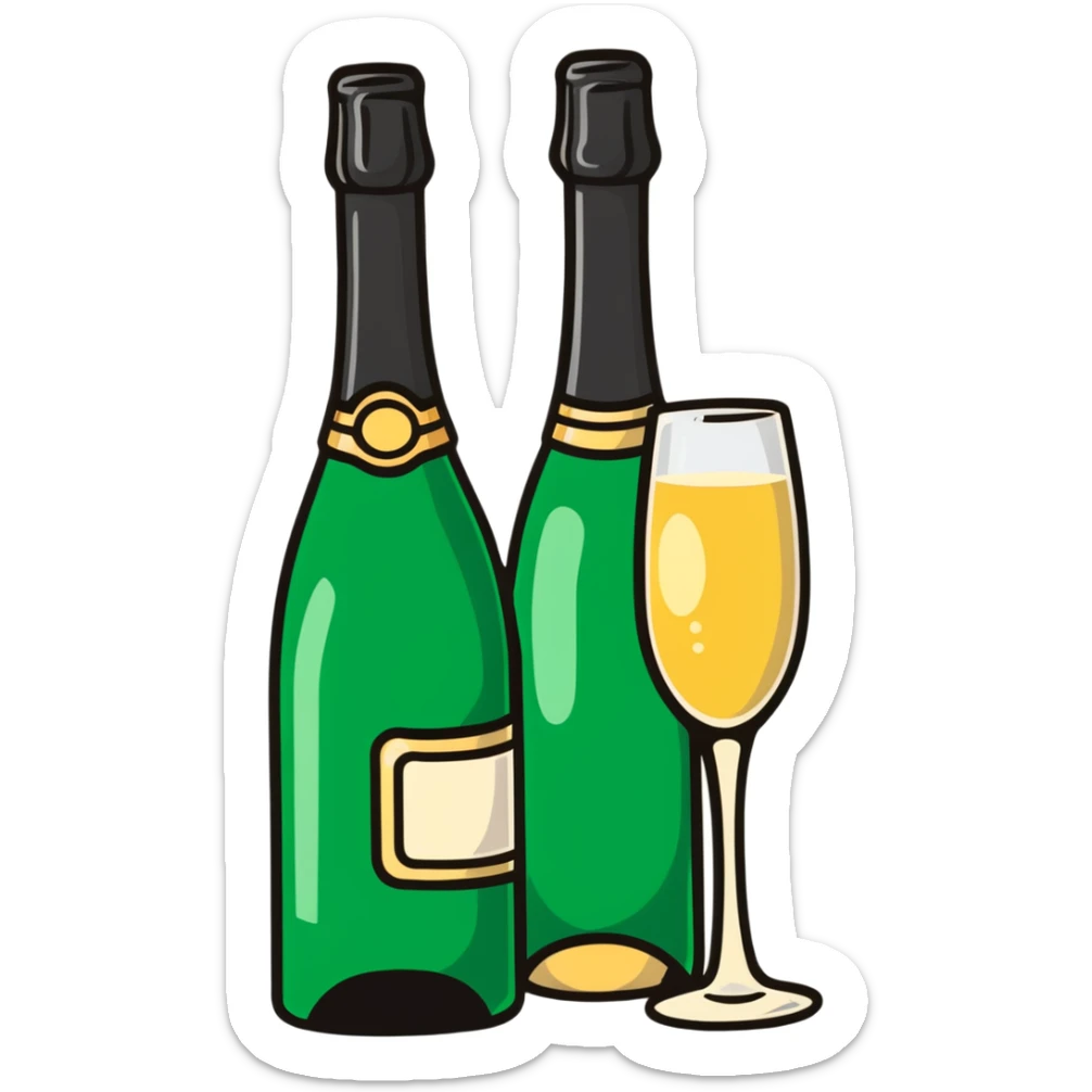 cartoon sticker of a champagne bottle and glass sticker