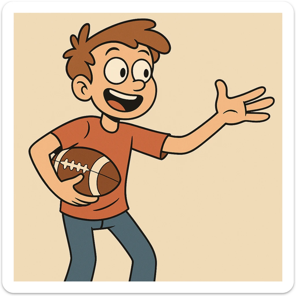 An energetic flat toon style image of a teenage boy gesturing to a friend with a football in hand. sticker