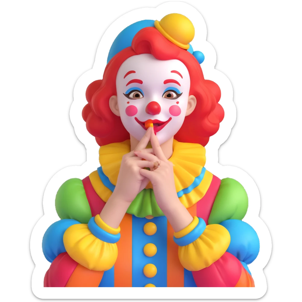 whimsical clown girl, hand close to her lips as if telling a secret, bright costume, cheerful and mysterious sticker