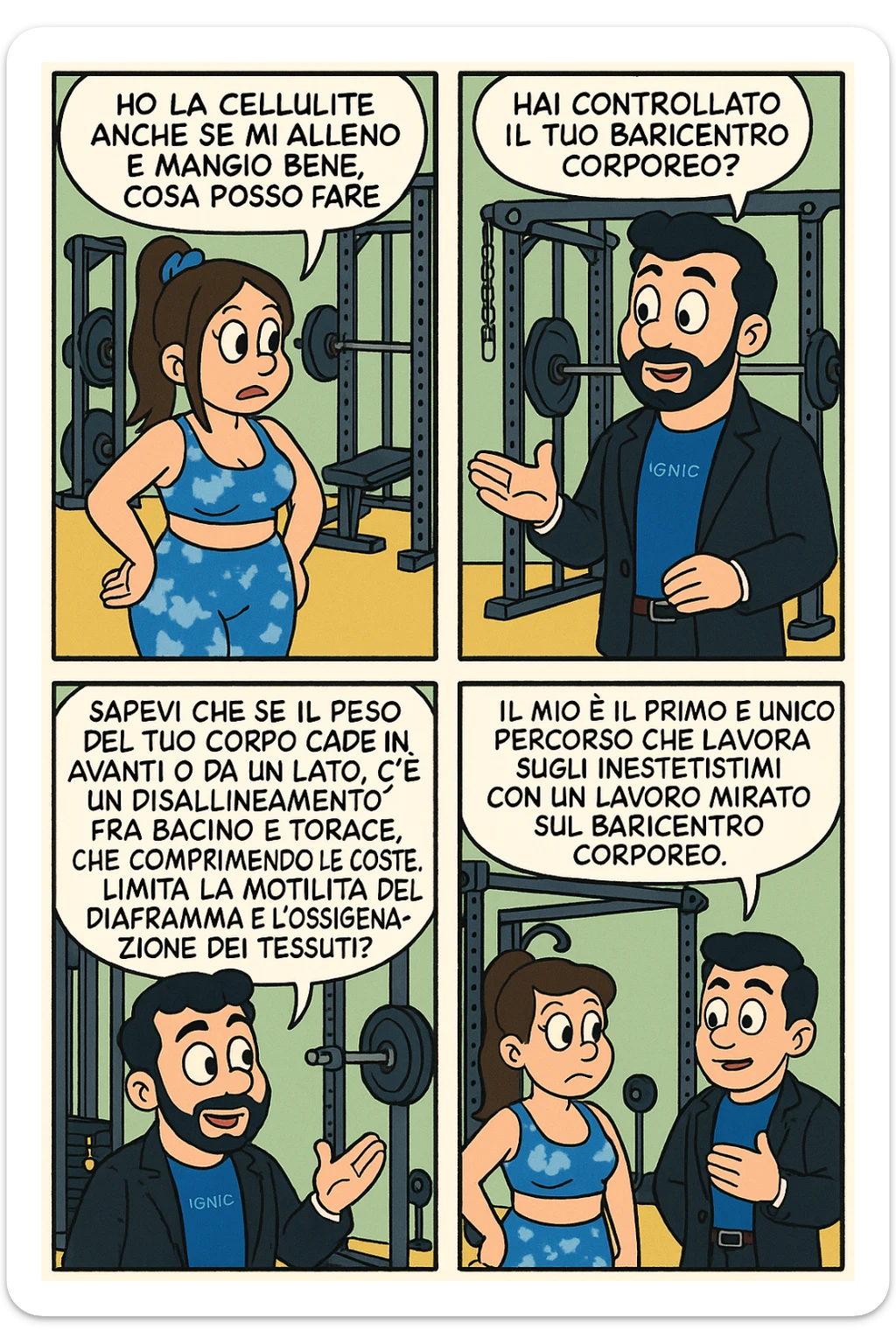 TRASFORMA QUESTO CAROSELLO IN UN FUMETTO STILE TOPOLINO CON QUESTE DUE PERSONE IDENTICHE CHE INTERLOQUISCONO TRA LORO:

LEI: Ho la cellulite anche se mi alleno e mangio bene, cosa posso fare?

LUI: Hai controllato il tuo baricentro corporeo?
LUI: Sapevi che se il peso del tuo corpo cade in avanti o da un lato, c’è un disallineamento fra bacino e torace, che comprimendo le coste, limita la motilità del diaframma e l’ossigenazione dei tessuti?
LUI: Il mio è il primo e unico percorso che lavora sugli inestetismi con un lavoro mirato sul baricentro corporeo. sticker