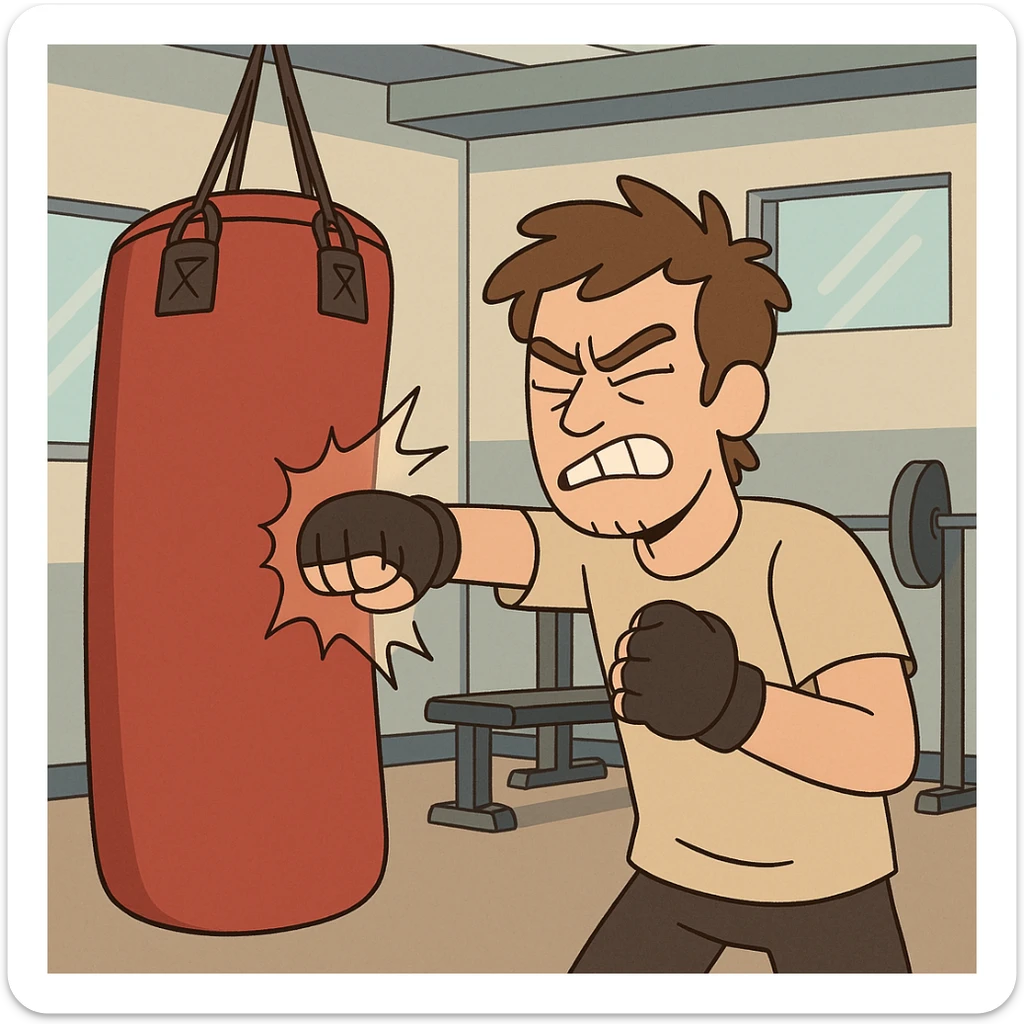 Hit a punching bag – to punch a padded bag for exercise or stress relief.
He went to the gym to hit a punching bag and blow off steam. Background Gym
 sticker