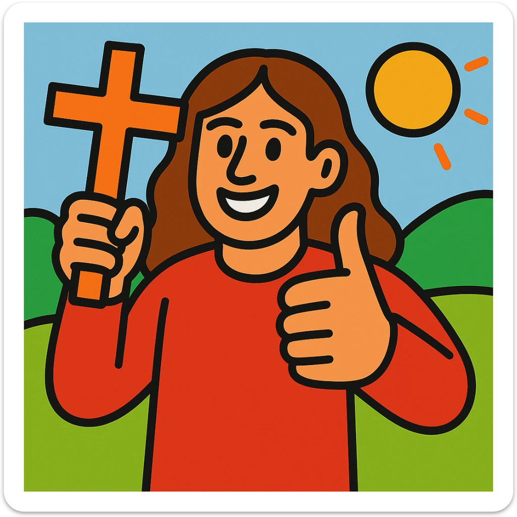 Make the person a boy with long brown hair, holding a cross and giving a thumbs up, in a vibrant cartoon style. sticker