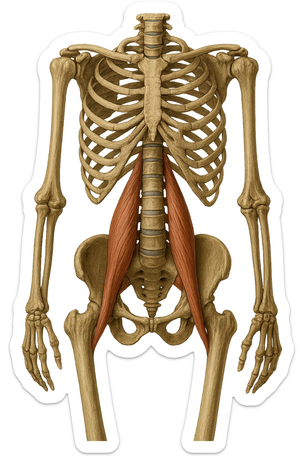 fai un immagine identica che riguarda IL MUSCOLO PSOAS i in evidenza (anatomicO) con colori naturali di un corpo umano. falla iperrealistica anatomica in 4k sticker