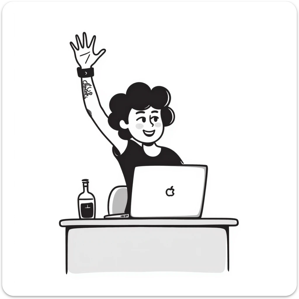 Cool female rockstar musician with arm tattoos and alternative hairstyle, sitting at desk with laptop, raising hand in class, smiling confidently sticker