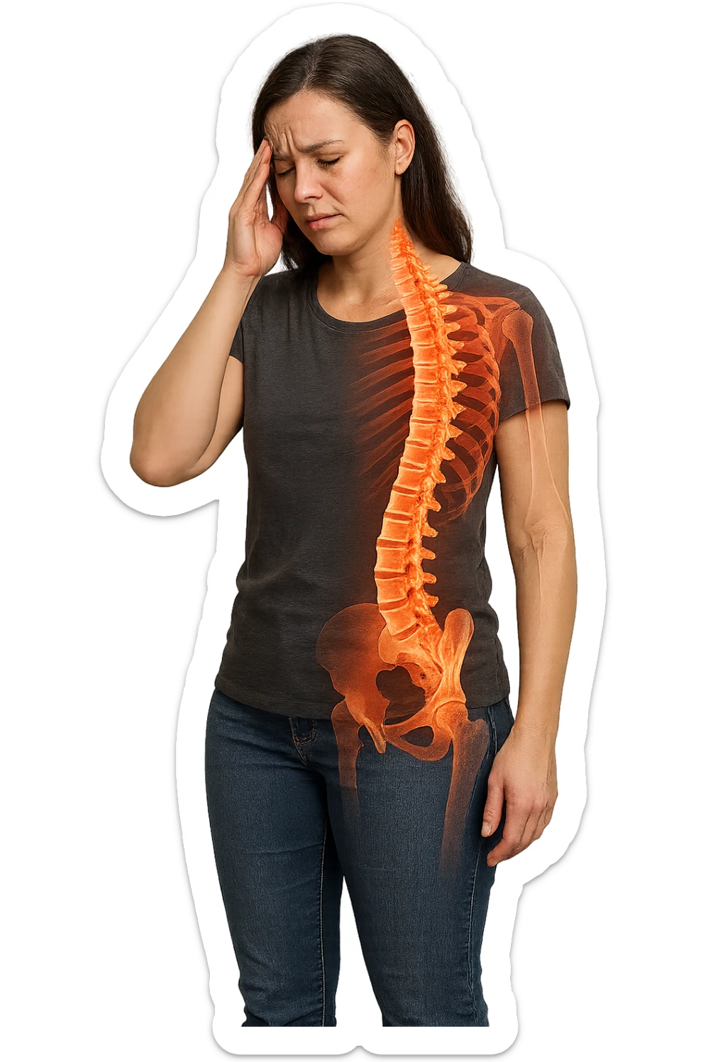 donna stanca a figura intera che si tiene una mano sulla tempia con spina dorsale anatomica visibile, iperrealistico 4k sticker